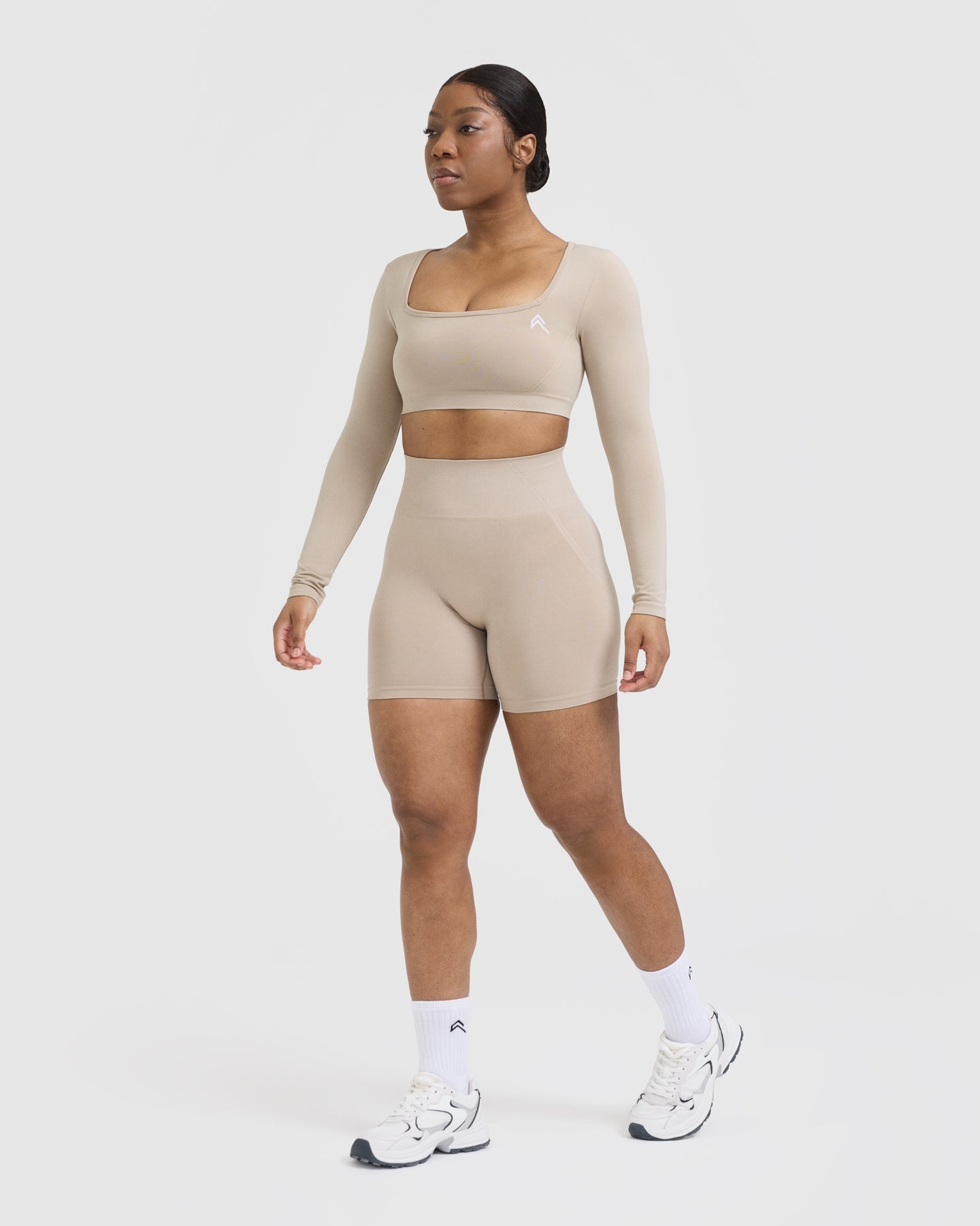 Effortless Square Neck Crop Long Sleeve Top with White Logo | Mushroom Brown