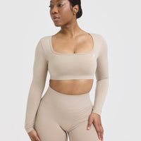 Effortless Square Neck Crop Long Sleeve Top with White Logo | Mushroom Brown
