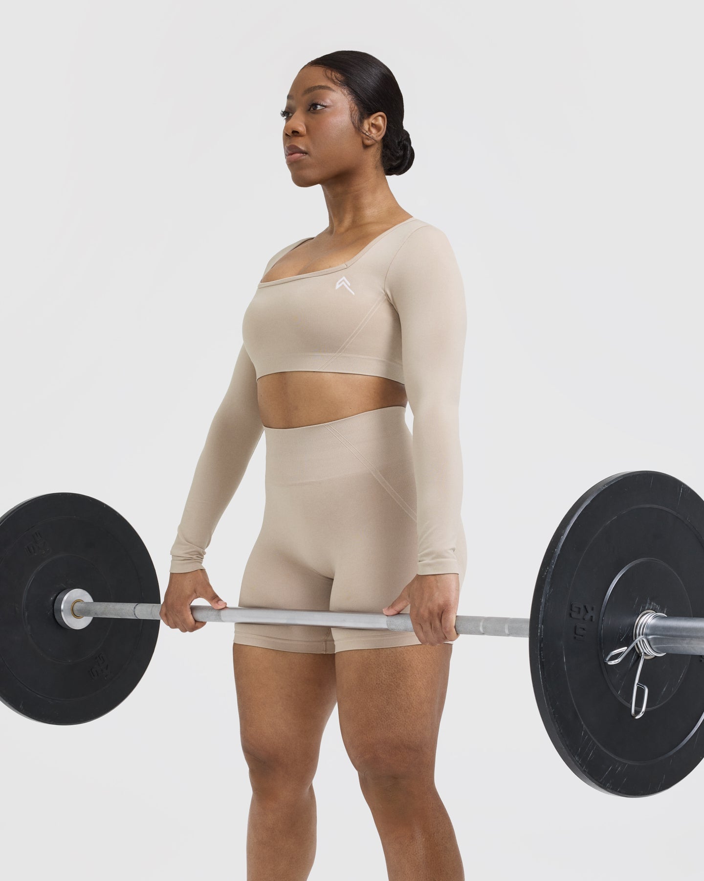 Effortless Square Neck Crop Long Sleeve Top with White Logo | Mushroom Brown