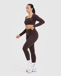 Effortless Square Neck Crop Long Sleeve Top with White Logo | Plum Brown