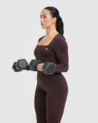 Effortless Square Neck Crop Long Sleeve Top with White Logo | Plum Brown
