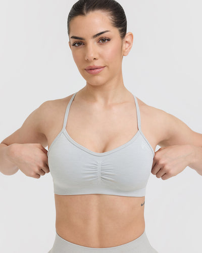 Effortless Strappy Bralette with White Logo | Light Grey Marl