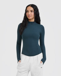 Mellow™ Rib Mock Neck Long Sleeve Top | Oil Blue