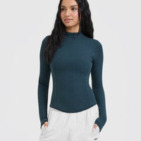 Mellow™ Rib Mock Neck Long Sleeve Top | Oil Blue