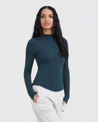 Mellow™ Rib Mock Neck Long Sleeve Top | Oil Blue
