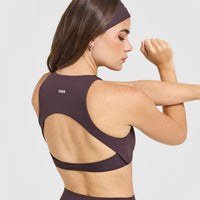 SoftMotion™ High Neck Sports Bra with White Logo | Dark Umber Brown