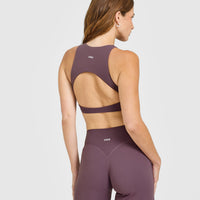 SoftMotion™ High Neck Sports Bra with White Logo | Vintage Purple