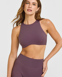 SoftMotion™ High Neck Sports Bra with White Logo | Vintage Purple