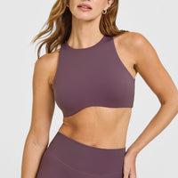 SoftMotion™ High Neck Sports Bra with White Logo | Vintage Purple