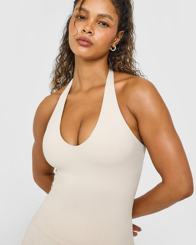 SoftMotion™ Halter Neck Vest with Built in Bra Shelf with White Logo | Sand