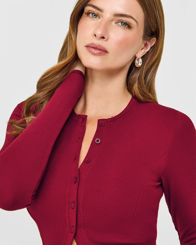 Mellow™ Rib Mid Long Sleeve Cardigan | Ruby Red