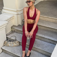 SoftMotion™ Minimal Halter Neck Bralette with White Logo | Ruby Red