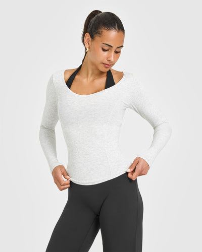 Mellow™ Rib V Neck Long Sleeve Top | Light Grey Marl