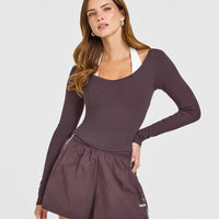 Mellow™ Rib V Neck Mid Long Sleeve Top | Umber Brown