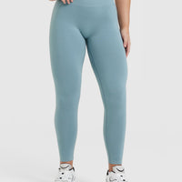Effortless Seamless Leggings with White Logo | Steel Blue