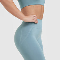 Effortless Seamless Leggings with White Logo | Steel Blue