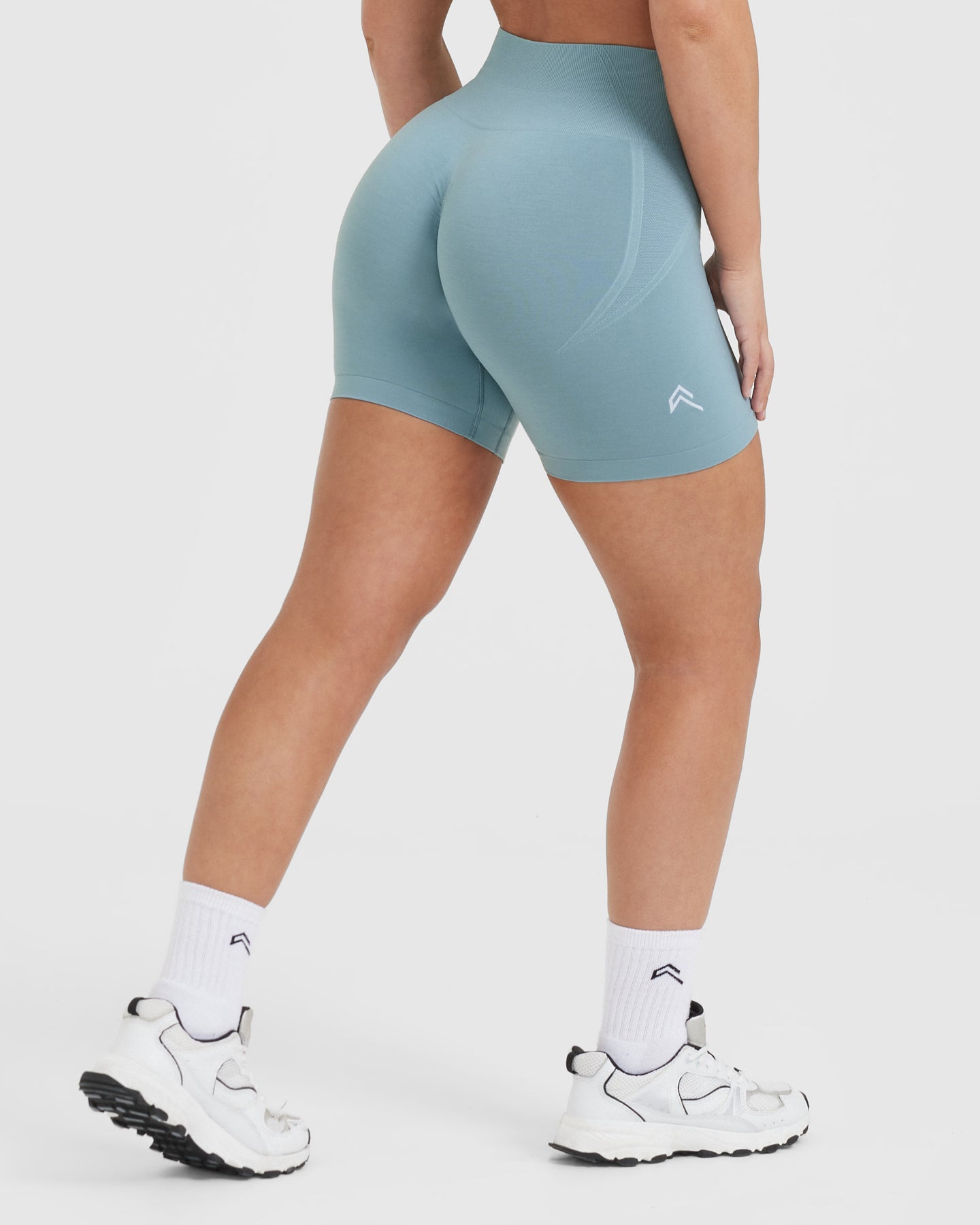 Effortless Seamless Shorts with White Logo | Steel Blue