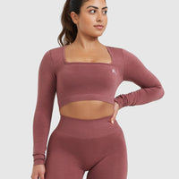 Effortless Square Neck Crop Long Sleeve Top with White Logo | Berry