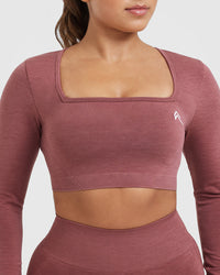 Effortless Square Neck Crop Long Sleeve Top with White Logo | Berry