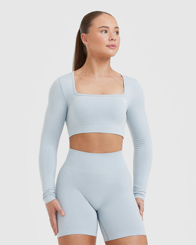 Effortless Square Neck Crop Long Sleeve Top with White Logo | Ice Blue