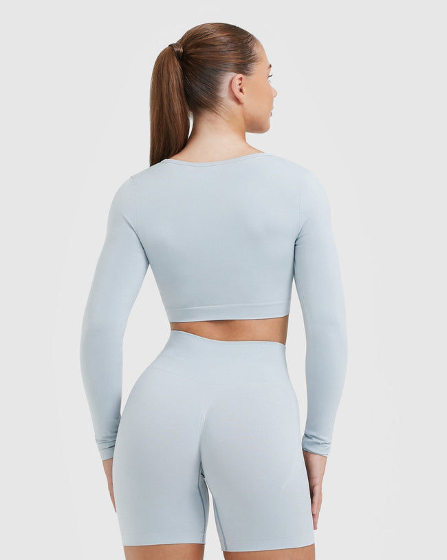 Effortless Square Neck Crop Long Sleeve Top with White Logo | Ice Blue