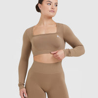 Effortless Square Neck Crop Long Sleeve Top with White Logo | Walnut