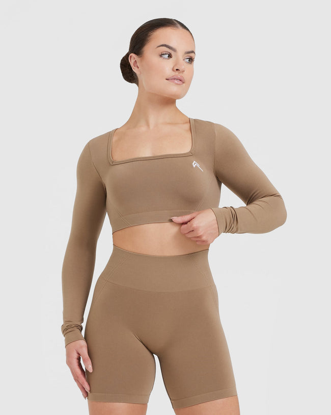 Effortless Square Neck Crop Long Sleeve Top with White Logo | Walnut