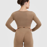Effortless Square Neck Crop Long Sleeve Top with White Logo | Walnut