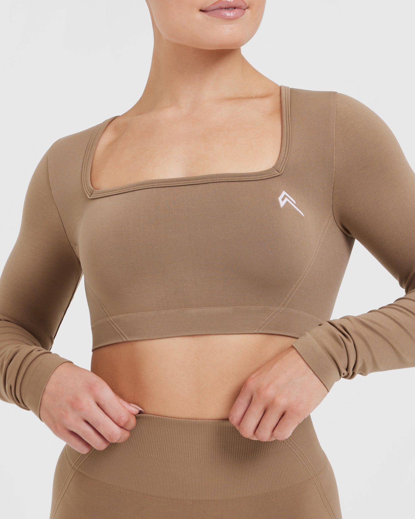Effortless Square Neck Crop Long Sleeve Top with White Logo | Walnut