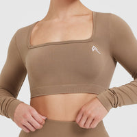 Effortless Square Neck Crop Long Sleeve Top with White Logo | Walnut