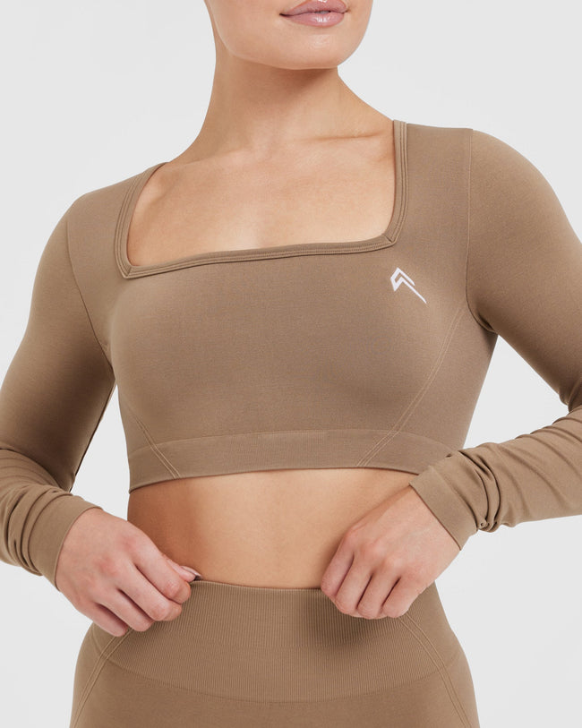 Effortless Square Neck Crop Long Sleeve Top with White Logo | Walnut