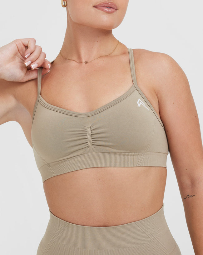 Effortless Strappy Bralette with White Logo | Washed Sandstone