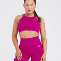 Effortless Seamless High Neck Bralette with White Logo | Fuchsia