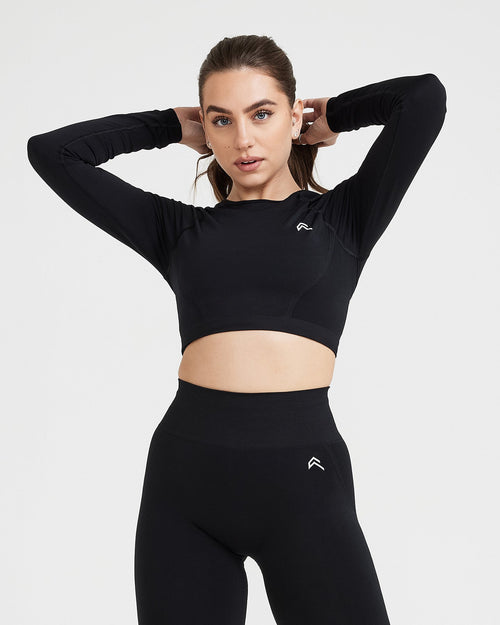 Oner Modal Effortless Seamless Long Sleeve Crop Top with White Logo | Black