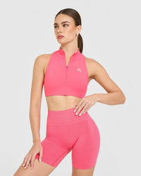 EasyLift™ Zip High Neck Sports Bra with White Logo | Hot Girl Pink