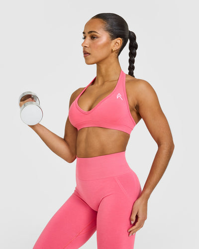 Effortless Seamless Halter Neck Sports Bra with White Logo | Hot Girl Pink