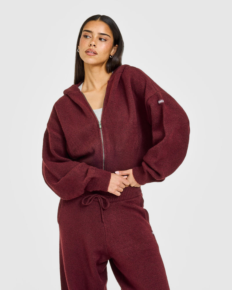 Oversized Knit Zip Up Mid Hoodie Rosewood | Oner Active EU