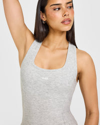 Mellow™ Rib Oner Embroidered Square Neck Vest with Built in Bra Shelf | Light Grey Marl