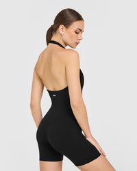 SoftMotion™ Halter Neck All In One Short with White Logo | Black