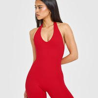 SoftMotion™ Halter Neck All In One Short with White Logo | Fiery Red