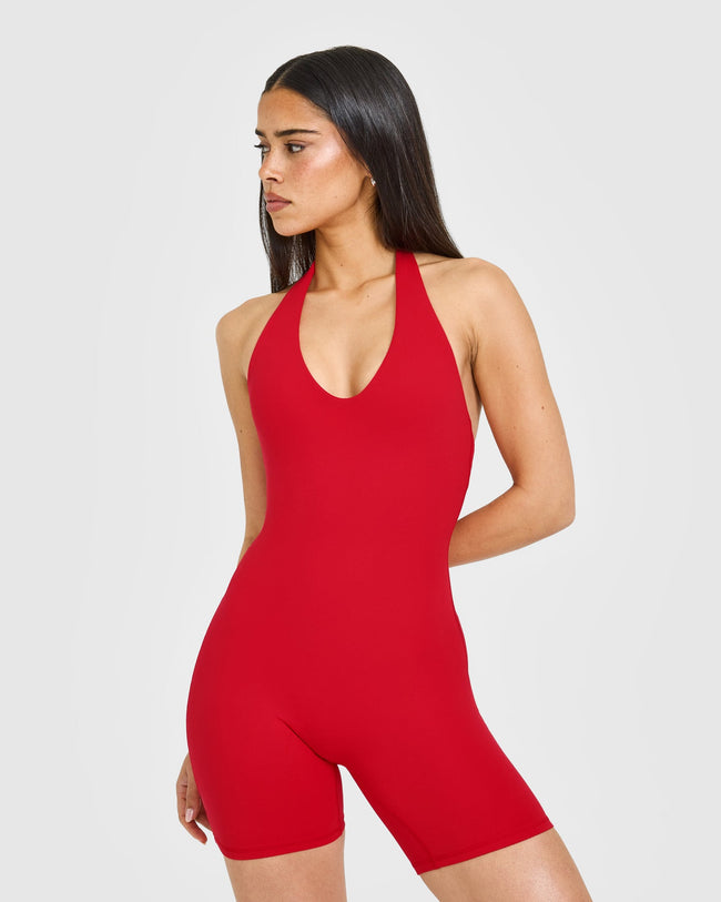 SoftMotion™ Halter Neck All In One Short with White Logo | Fiery Red