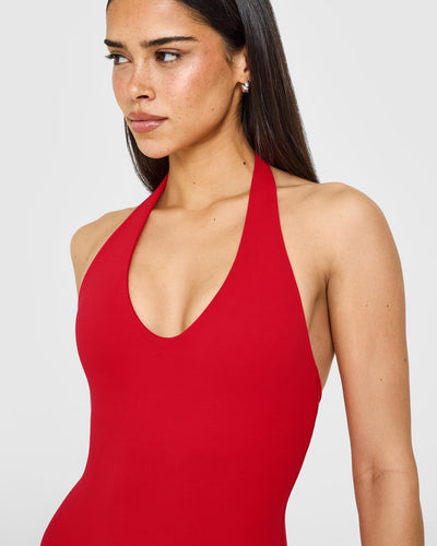 SoftMotion™ Halter Neck All In One Short with White Logo | Fiery Red