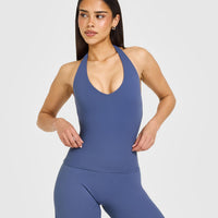 SoftMotion™ Halter Neck Vest with Built in Bra Shelf with White Logo | Slate Blue