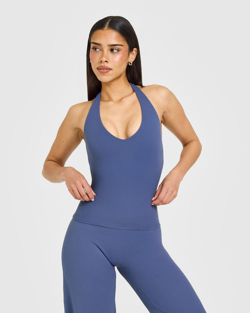 Oner Modal SoftMotion™ Halter Neck Vest with Built in Bra Shelf with White Logo | Slate Blue
