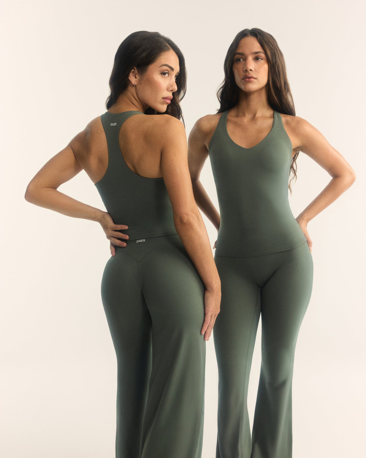 SoftMotion™ Racer Back Vest with Built in Bra Shelf with White Logo | Dark Khaki