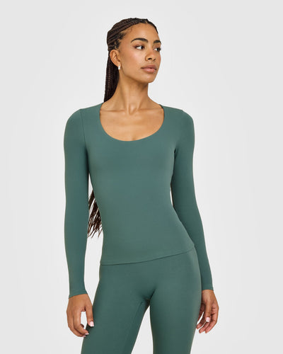SoftMotion™ Scoop Neck Long Sleeve Top with Built in Bra Shelf with White Logo | Iced Green