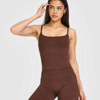 SoftMotion™ Strappy Mid Vest with Built in Bra Shelf with White Logo | Espresso Brown