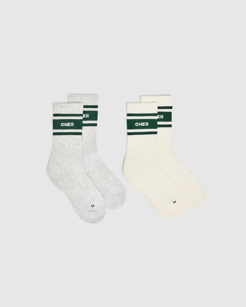 Oner Modal Varsity Crew Socks 2 Pack | Off White/Grey Marl/Racing Green