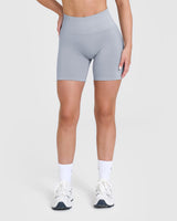 Effortless Seamless Shorts with White Logo | Metal Grey