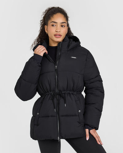 Mid length puffer coat with hood online